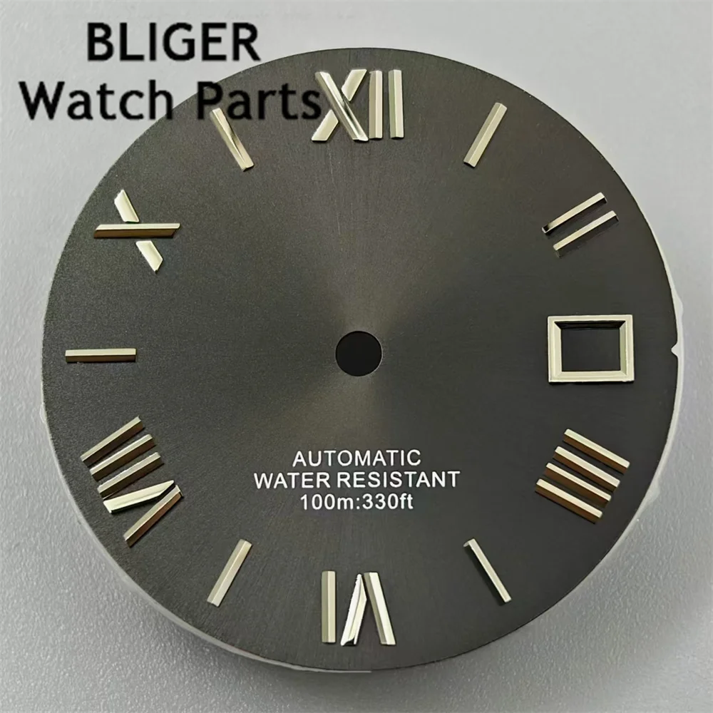 BLIGER 29mm Mostrador Estéril Preto Cinza Verde Azul Branco Mostrador Prata Borda Preta Marcas de Tempo Adequado para Movimento NH35 NH36