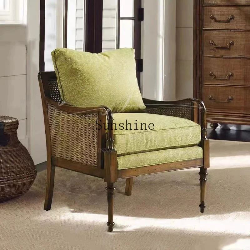 

American rural solid wood retro woven rattan chair, small apartment simple fabric single sofa