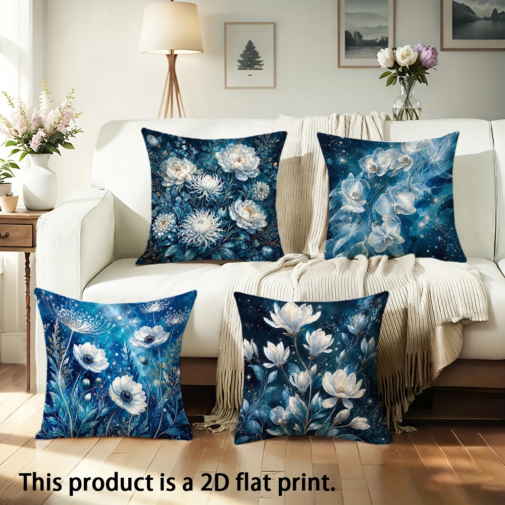 1pc Styles Starry Night Floral Throw Pillow Covers, Elegant Blue White Flower Decorative Pillow Cases For Home Sofa Bedroom
