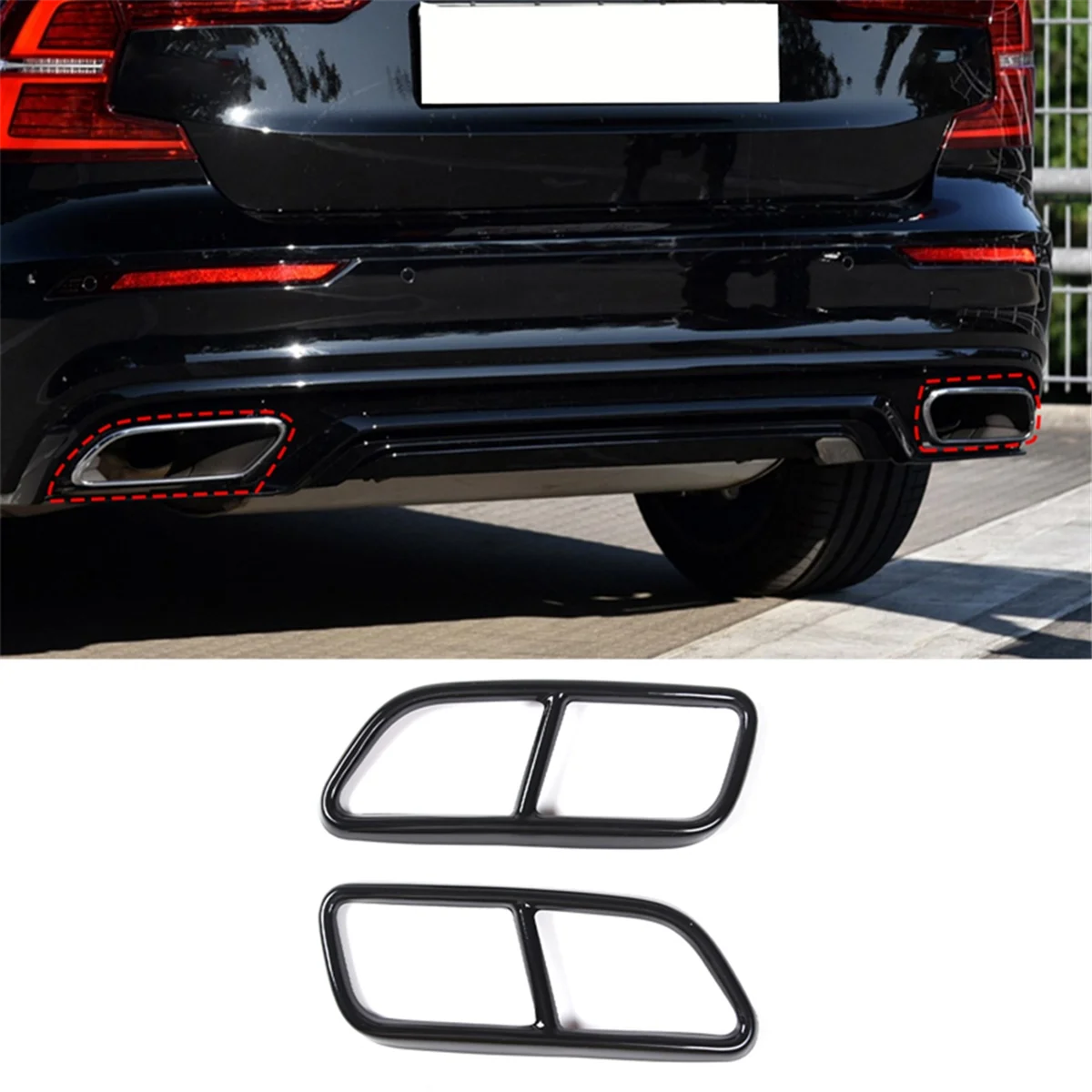 Black Stainless Steel Pipe Throat Exhaust Outputs Tail Frame Trim Cover for Volvo S60 Exterior Accessories, 2Pcs