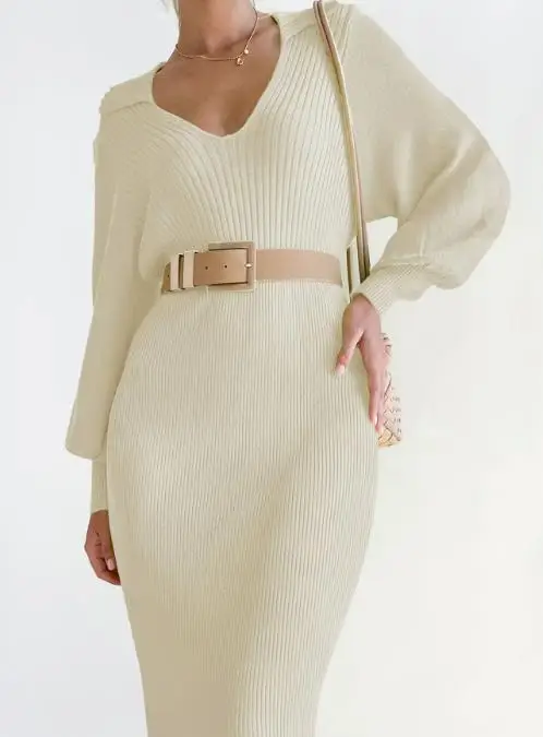 

Women's Dresses 2025 New Autumn and Winter Elegant Retro Light Mature Style Lantern Sleeve V-Neck Solid Knitted Wool Dress