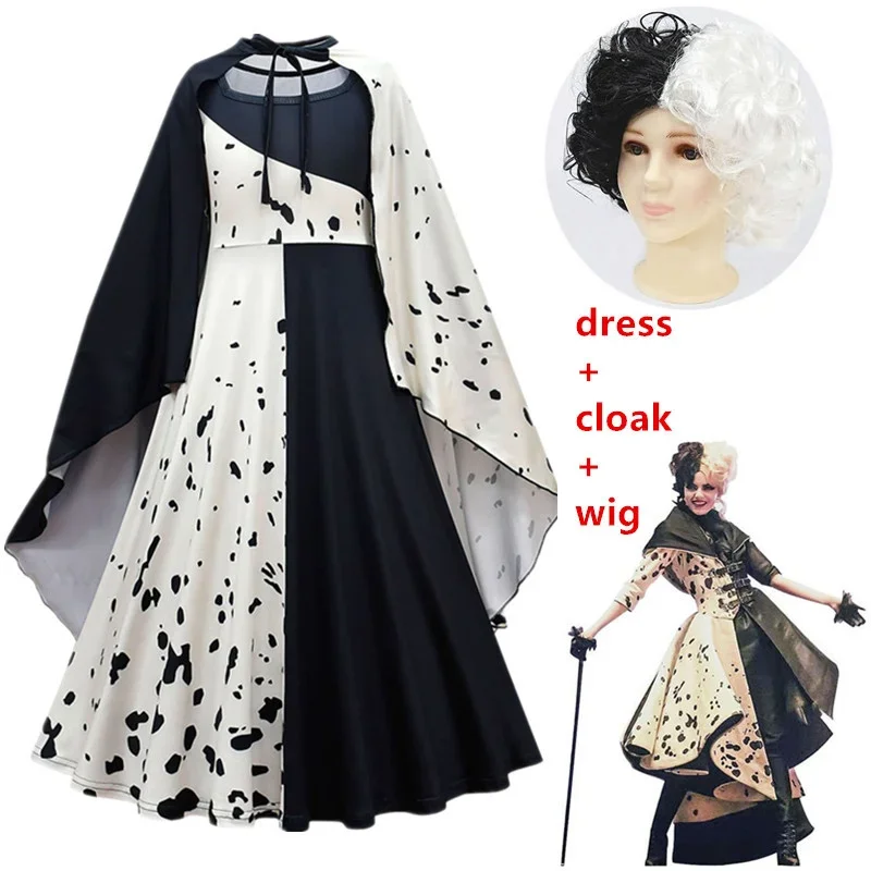 Película Evil Madame CCruella De Vil Cosplay disfraz De Halloween para niños negro blanco Cruel Devil Cruella niñas vestido De noche De princesa