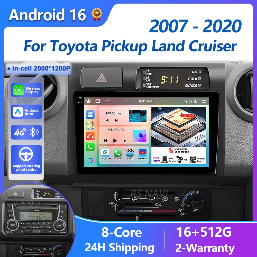 Plug and Play Android 16 Carplay Auto Qualcomm Screen Car Radio Player For Toyota Pickup Land Cruiser LC 70 79 Series 2007-2020