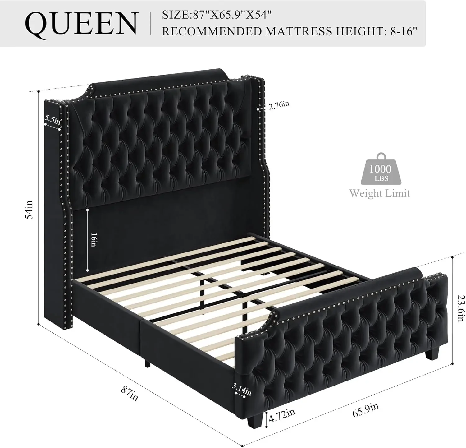 Estrutura de cama de plataforma queen size com cabeceira de asa alta de 54" e estribo capitoné com botão profundo, estrutura de cama estofada em veludo com