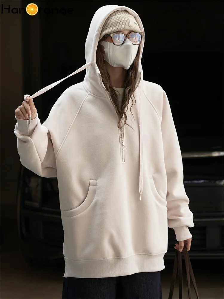 

HanOrange 2025 Winter Fashion Half Zipper Curved Pocket Hoodie Women Casual Hooded Sweatshirt Top Light Pink