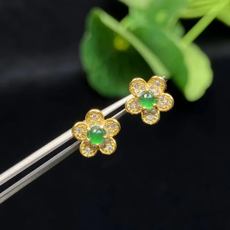 

New Natural Grade A Jadeite S925 Silver Inlaid Rhinestone Petal Shape Earrings For Ladies Jewelry Gift (With Certificate)