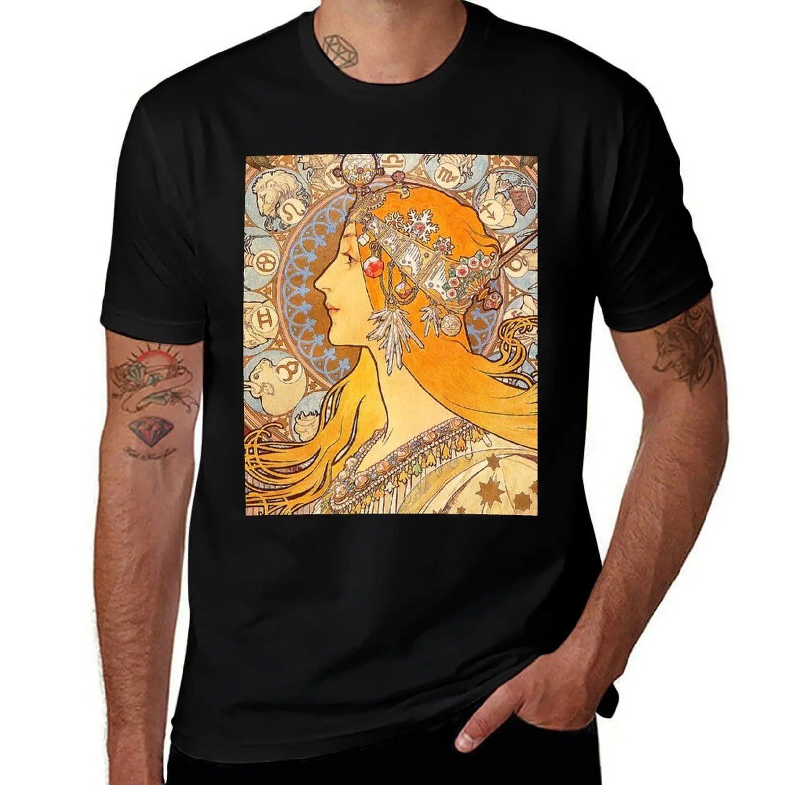 Zodiac (1896) by Alphonse Maria Mucha T-Shirt Casual Trendy Short Sleeve T-Shirt