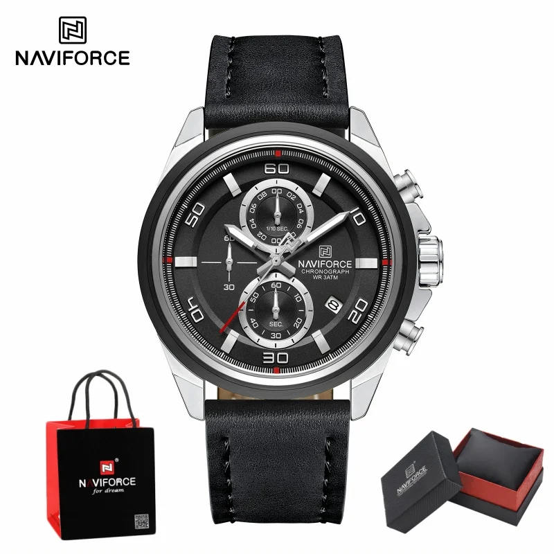 NAVIFORCE Quarz-Herrenuhr mit Kalender, Chronograph, 30 m Wasserdichtigkeit, echtem Lederarmband, Leuchtzeigern, modische Herren-Armbanduhr, Geschenkbox