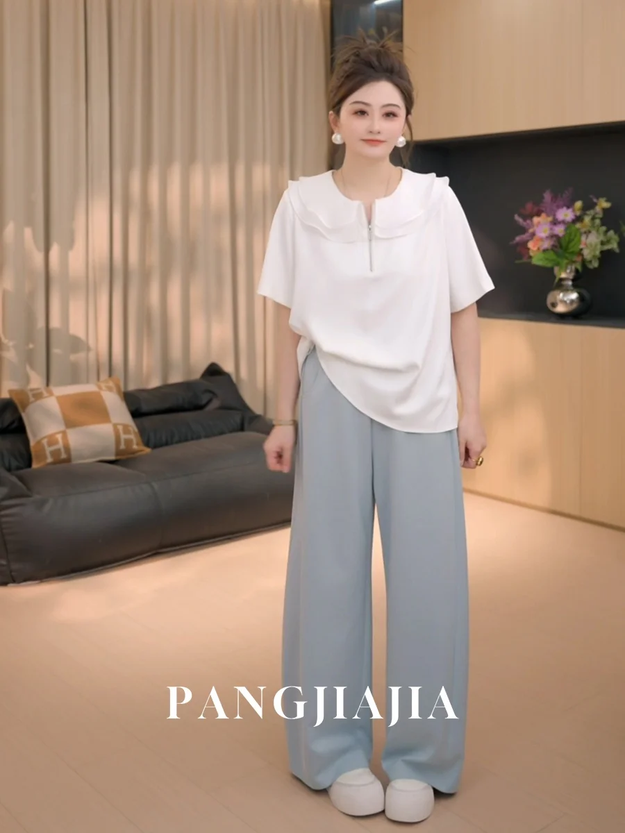 

Женская летняя блузка больших размеров из полиэстера с коротким рукавом, кружевной отделкой и оборками по низу, элегантная и универсальная