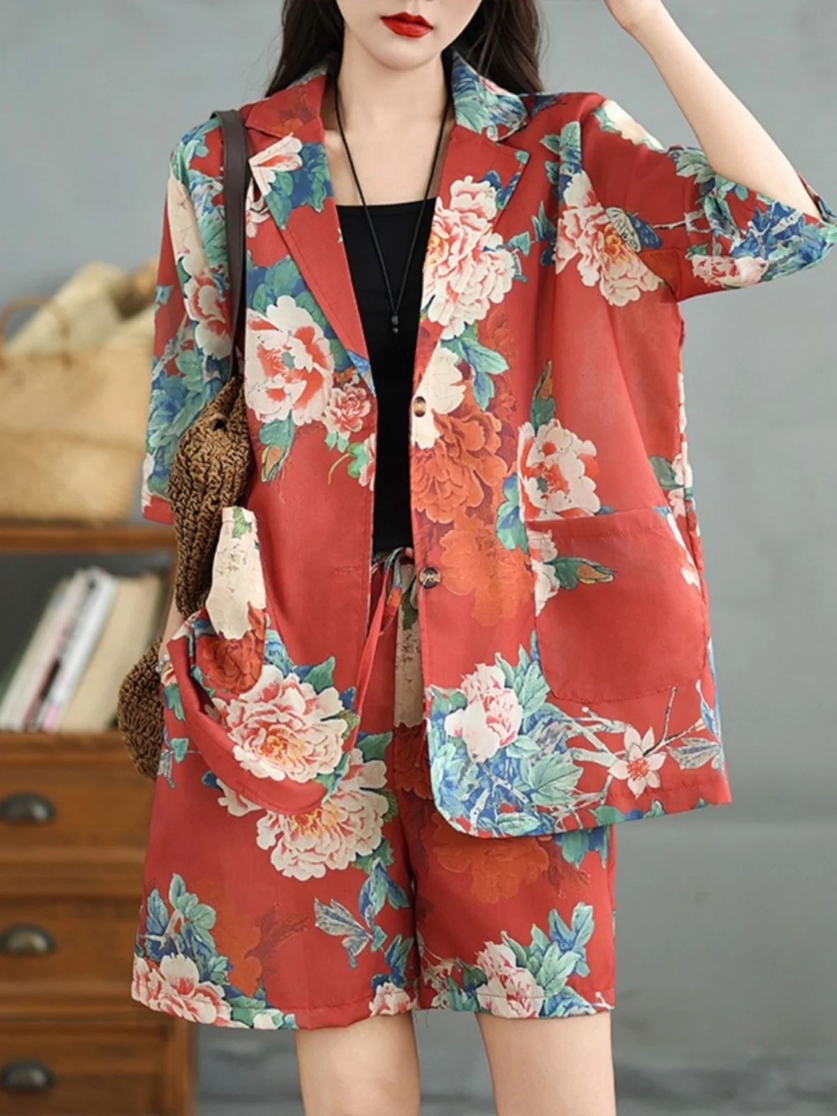 

Хлопковый льняной комплект в стиле ретро с цветочным принтом, женский летний тонкий повседневный костюм ort Sve Jaet orts, льняной комплект из двух предметов, моющийся ансамбль