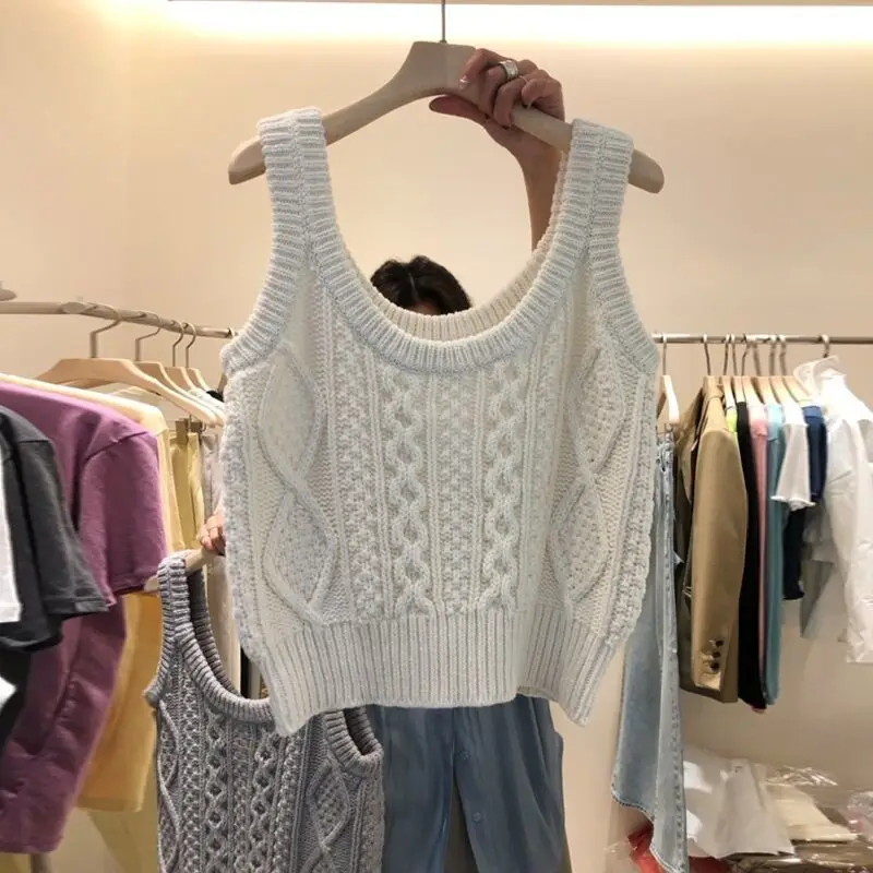 

Korean Sle ort Knitted Sweater Vest Women's Spring Autumn Outerwear Twist Yarn Casual Loose Fit Top No Sve Design