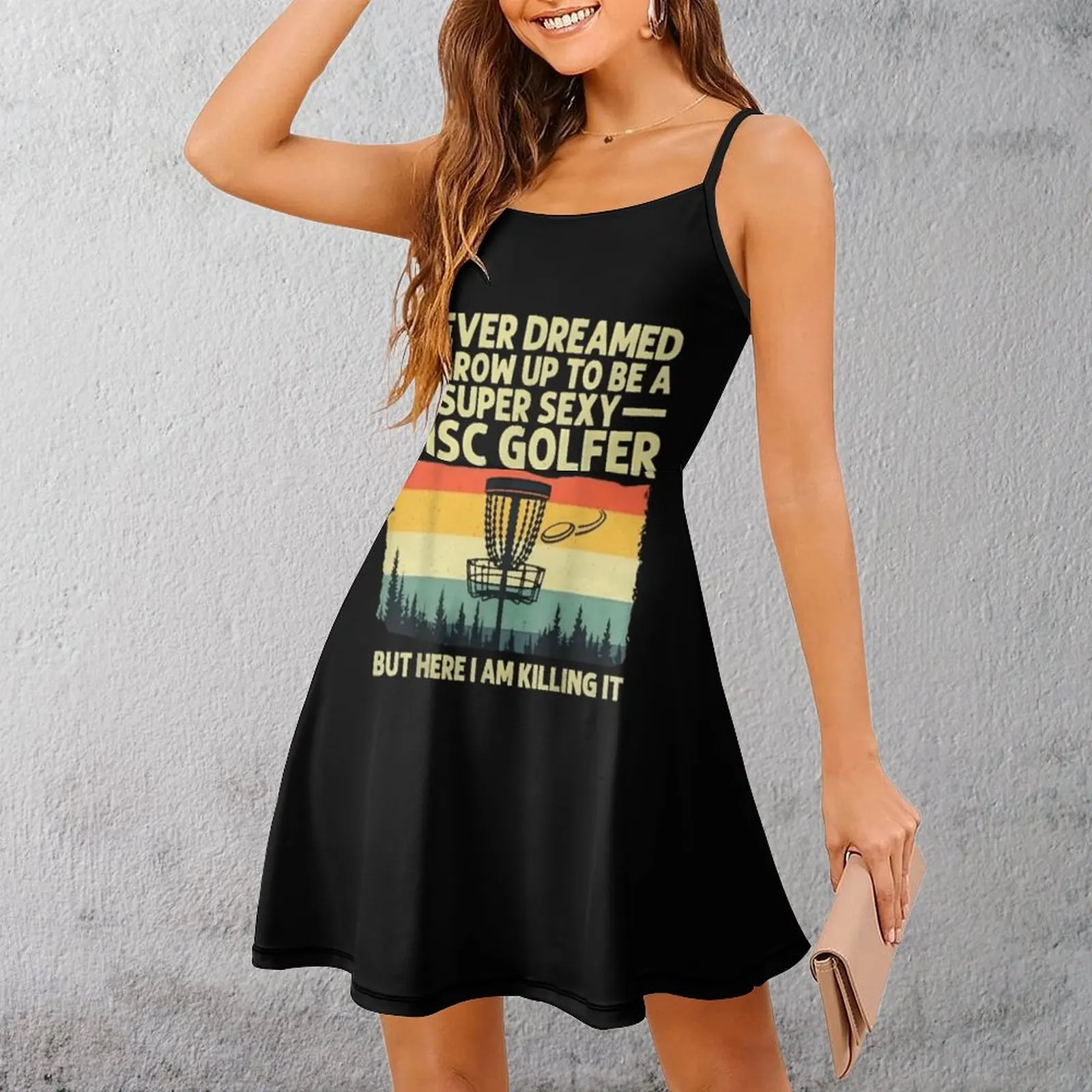 

Sexy Disc Golfer Poster Women's Sling Dress Funny Sexy Woman's Gown Humor Graphic Clubs Strappy Dress