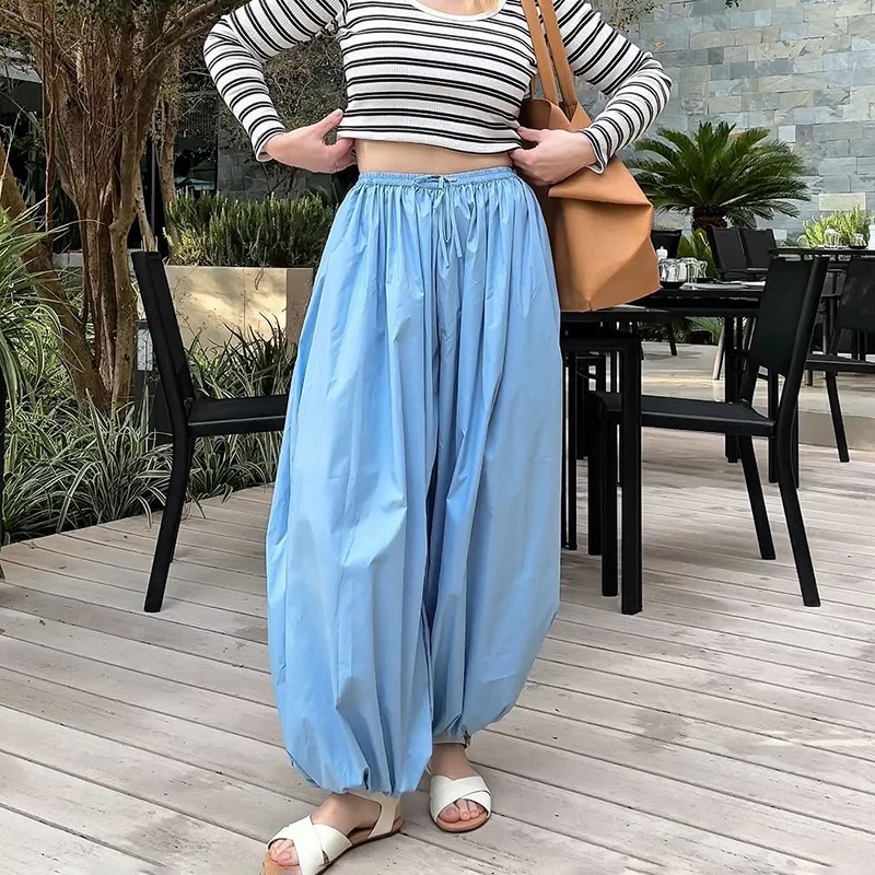 

Ticketsx Casual Bloomer Pants Women's Summer Solid High Waist Pleated Leg-Length Pants Female Fashion Loose Streetwear Trousers