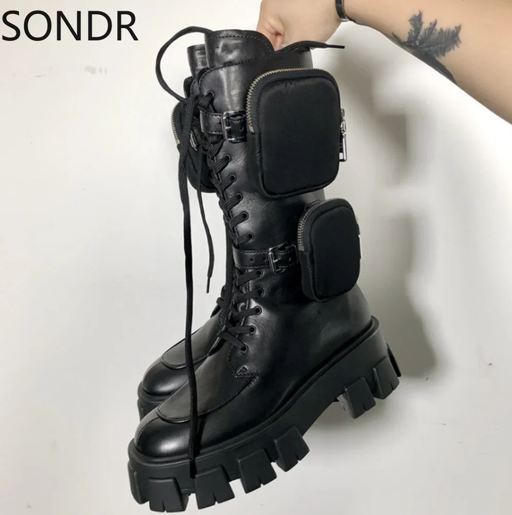 Womens Round Toe PU Leather Belt Purse Pocket Arm Mid Calf Boots Platform Chunky Heel Combat Punk Shoes Black New 2024