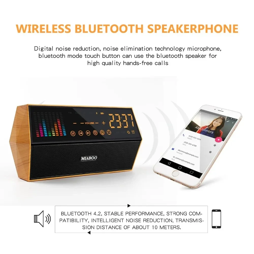 Portable Dual Speaker Clock Bluetooth Speaker Wood Grain Radio HiFi Stereo Surround Sound Smart Speaker Gift Supports AUX TF