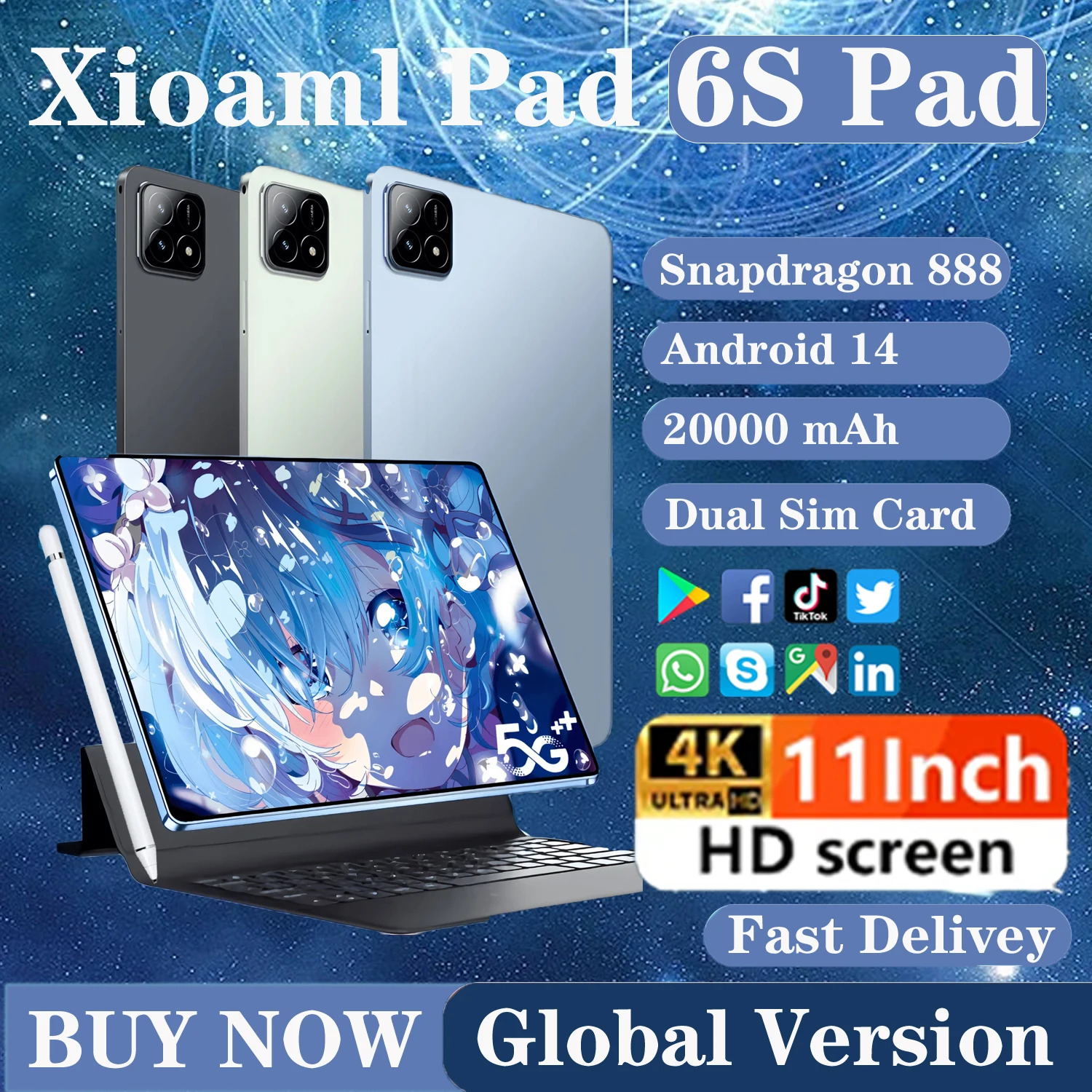 

2024 NEW Pad 6s Pro Global Version Original Tablet Android 14 20000mAh RAM 16GB ROM 1TB Dual SIM GPS 5G Phonecall Tablets PC