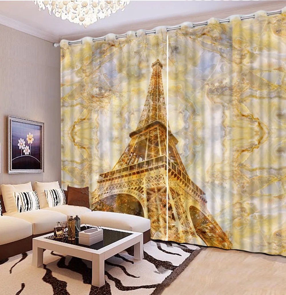 3D Curtain Photo Custom Size Marble Yellow Iron Tower Curtains For Bedroom Curtains For Living Room Decorative Curtain