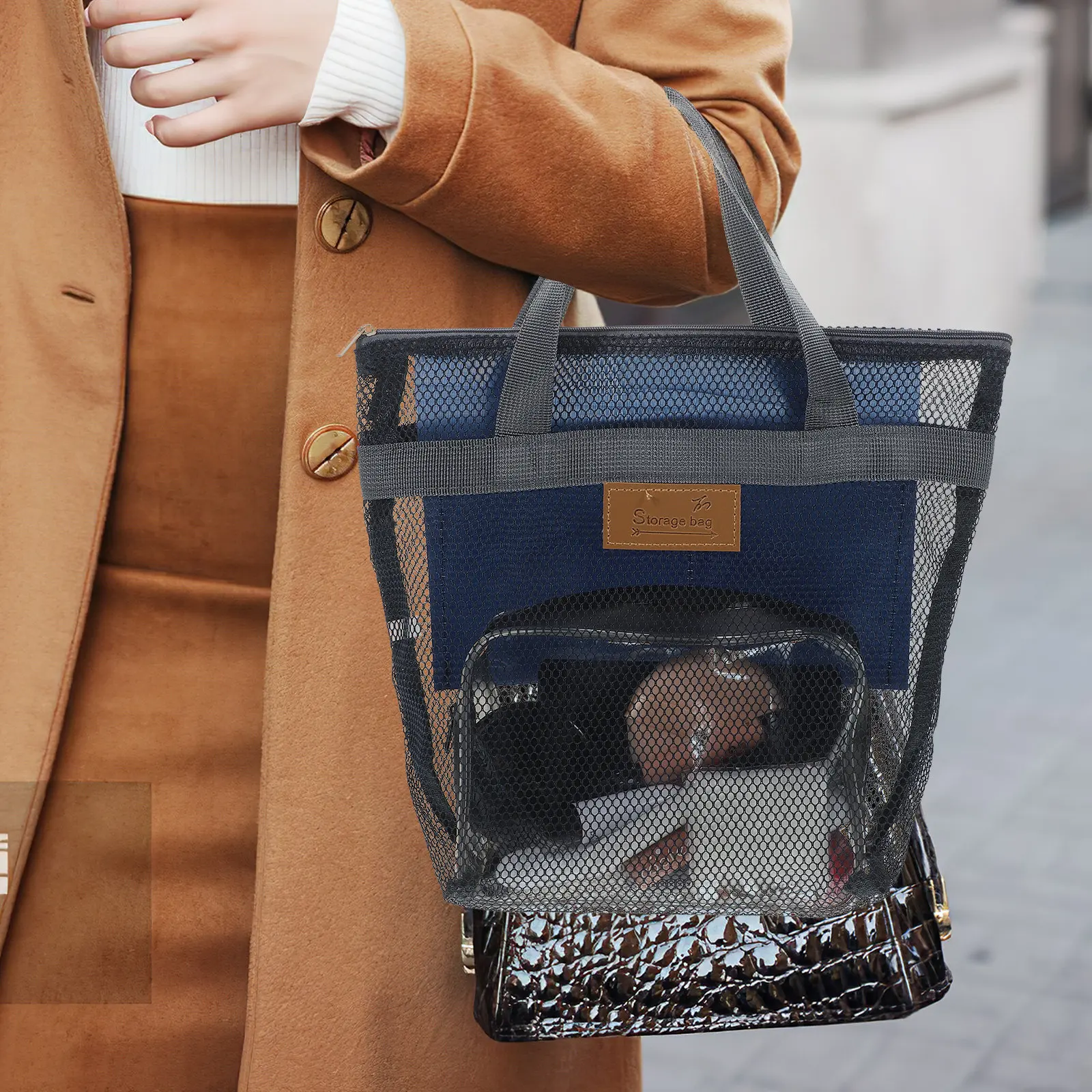 

Набор из 2 больших пляжных сумок-сеток на молнии, портативные легкие дорожные сумки для плавания для женщин, уличные пляжные сумки-сетки