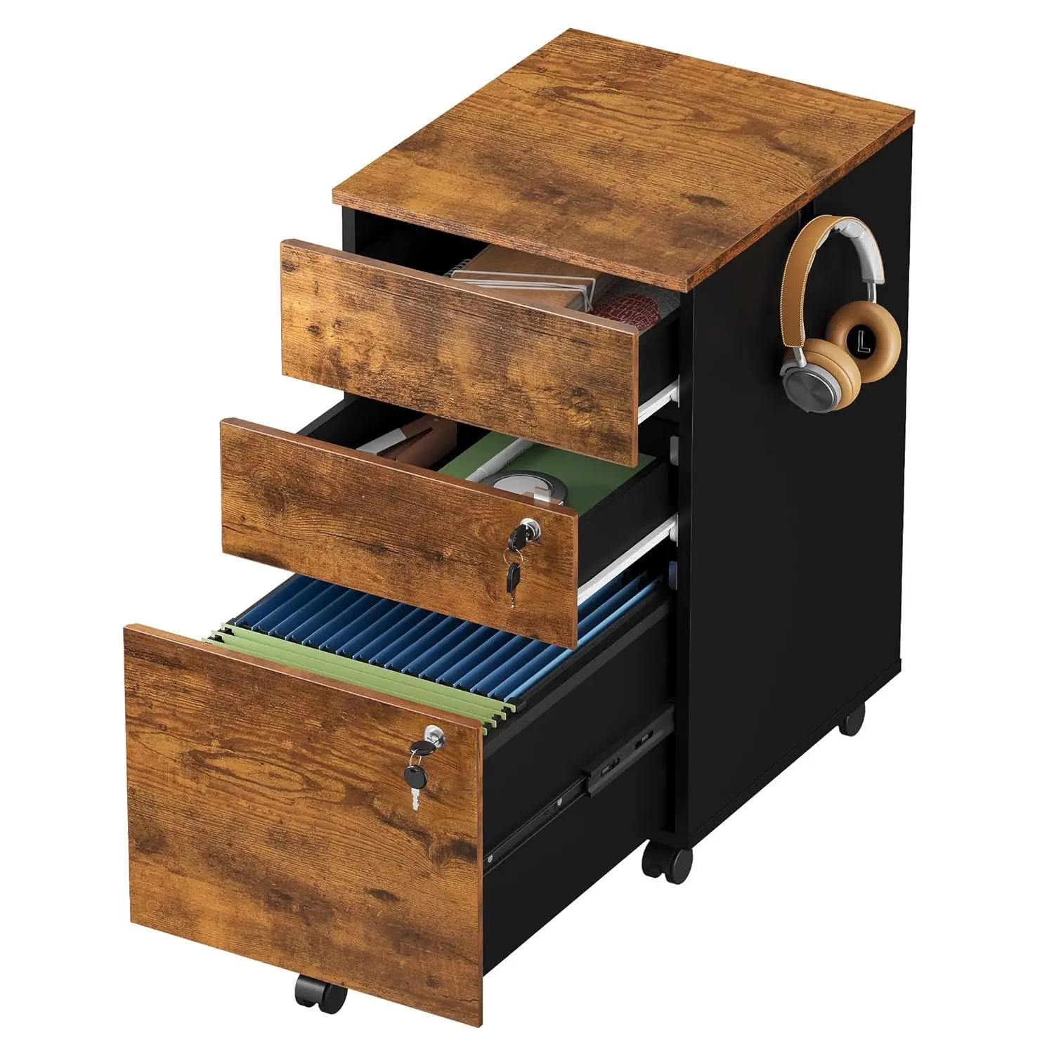 

3 Drawer Rolling File Cabinet With Lock, Wood Under Desk Filing Cabinet Fits Letter/Legal/A4 Size For Home Office,, Customize