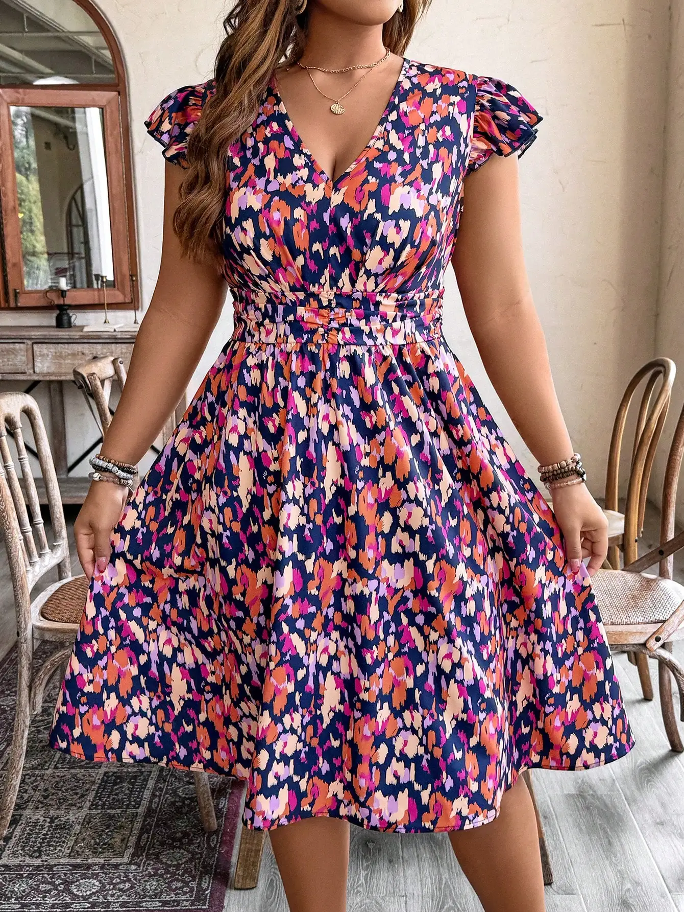 Women Floral V-Neck Cap Sleeve Ruched Waist Midi Dress