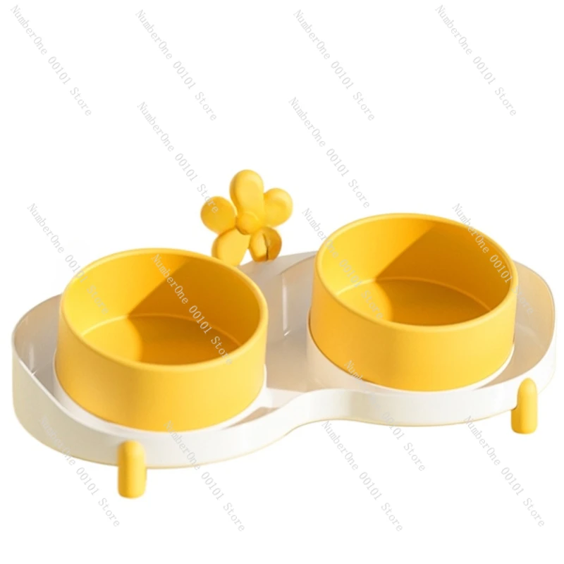 Cat Bowl Ceramic Sunflower Double Bowl Anti-knock Cat Food Bowl Pet Cat Drinking