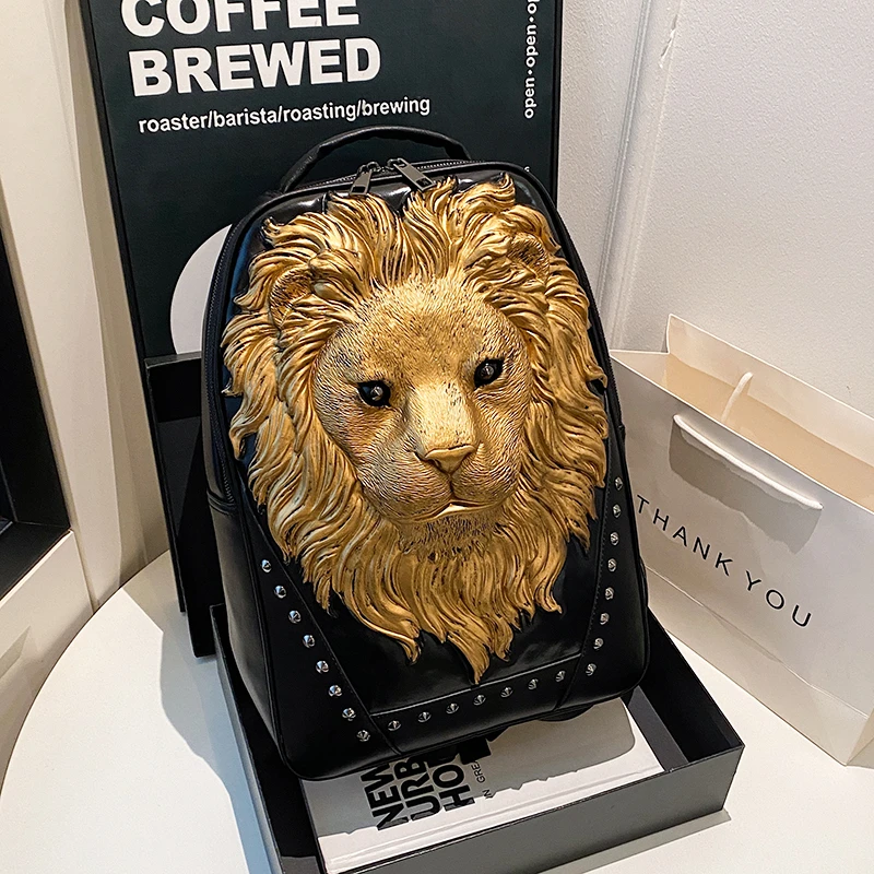 

2026 New Creative Super Cool Exquisite Lion Shape PU Backpacks Large Capacity Personality Retro Fashion Backpacks for Unisex