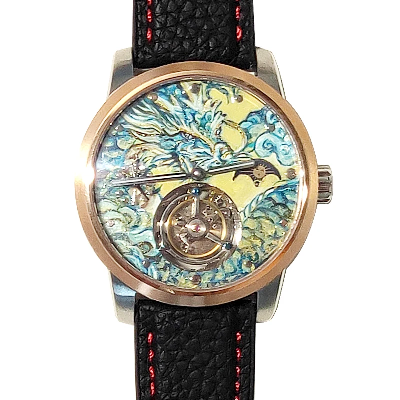 Chinese Loong Hand drawn dial clock dial Tourbillon hand wind movement  GMT day and night sun moon minor flaws if mind dont buy