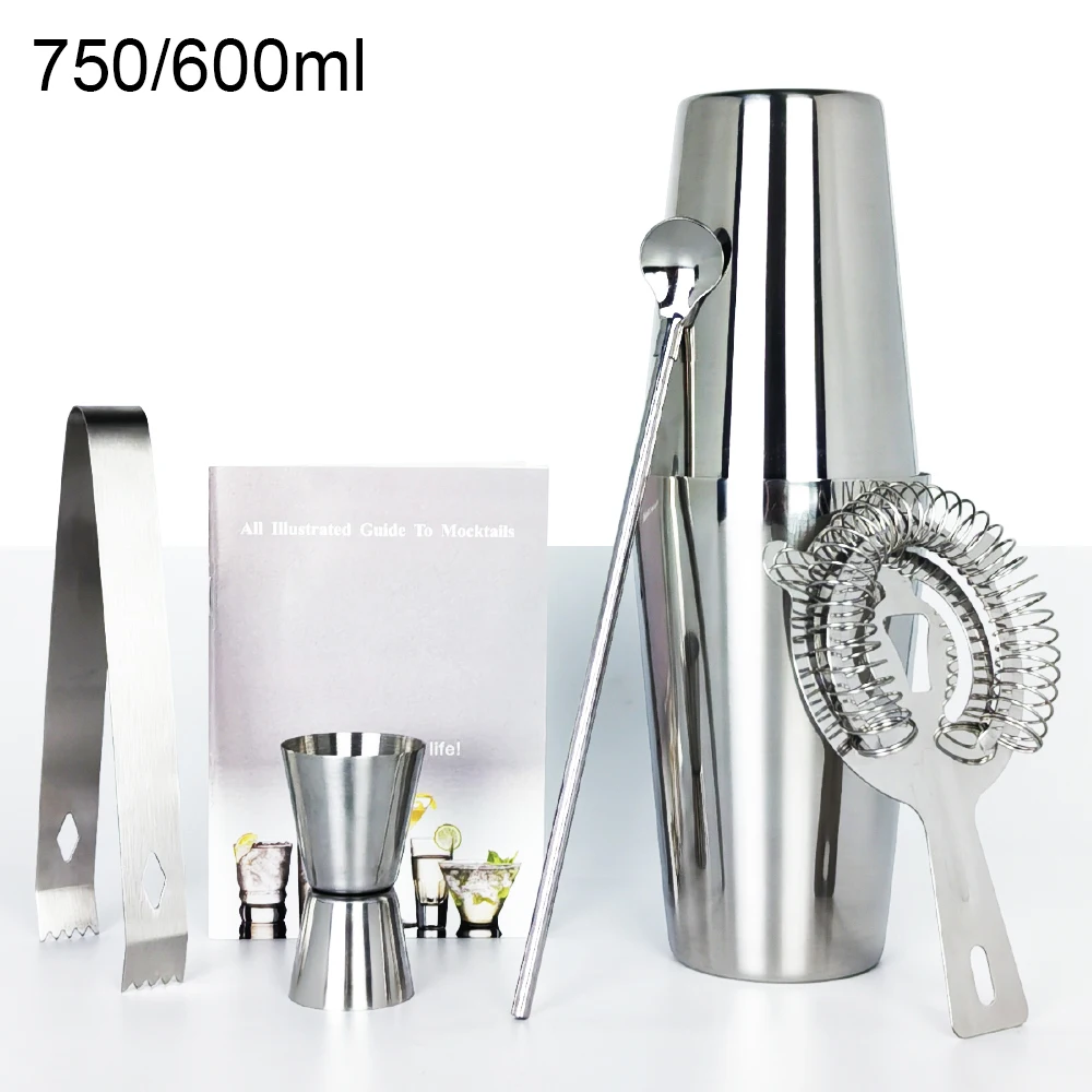 6 Piece Boston Cocktail Shaker Set 750/600ml, Bartender Kit Shakers with Recipe, Jigger Ice Tongs Strainer Straw Spoon