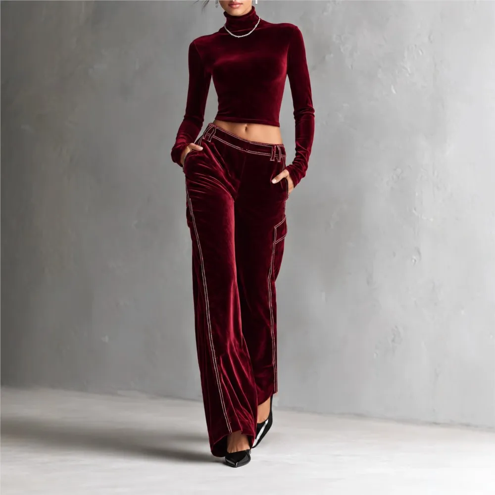 Women's Velvet 2 Piece Set Fall Winter New Slim Fit Long Sleeve Crop Top + Loose Wide Leg Pants Elegant Office Matching Outfit