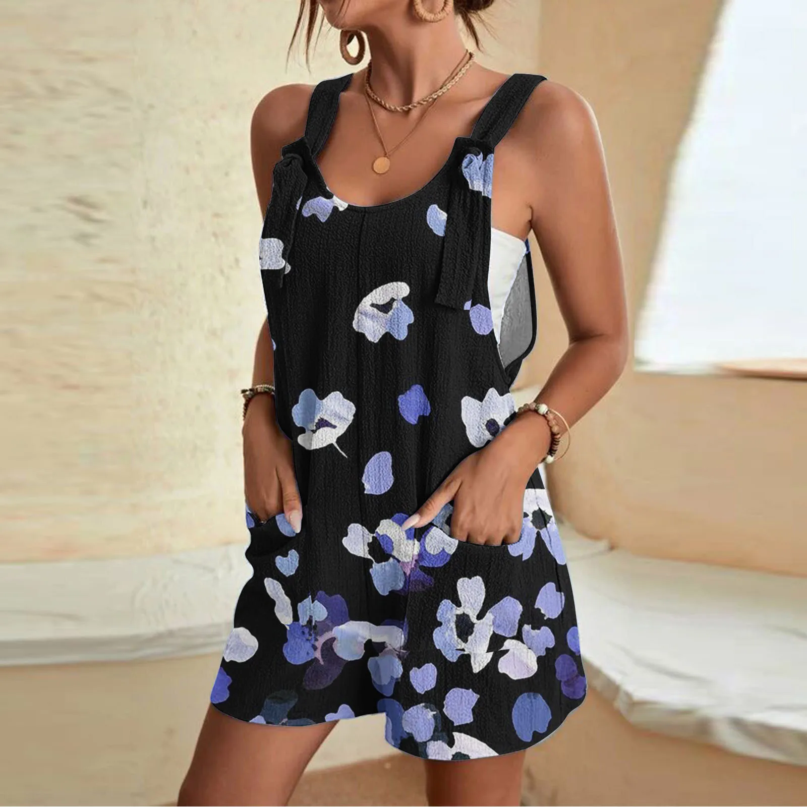 Summer Women Jumpsuit Casual Loose Fit Short Overall With Pocket Oversize Adjustable Romper Beachwear Playsuit For Women