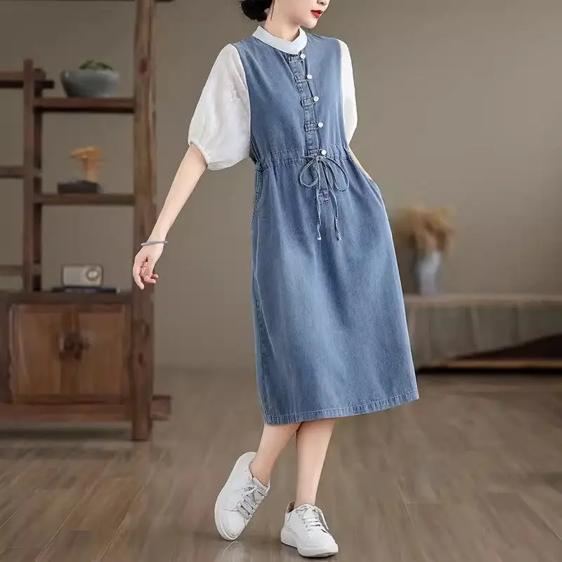 Fashionable Splicing Short Sleeve Denim Dress For Women Summer 2024 New Chinese Style Button Up Light Color Jeans Dresses K1019