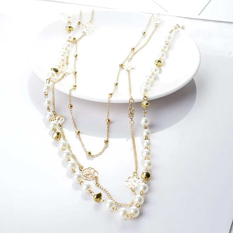 Long Simulated Pearl Necklace For Women Camellia Double Layer Pendant Sweater Chain Party Necklace