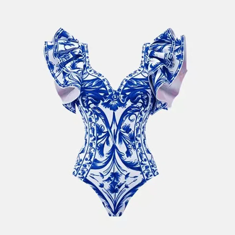 Abbigliamento da donna Costumi da bagno interi Copricostumi Set bikini floreale con fiori Gonna da spiaggia Abito lungo stile costumi da bagno in poliestere