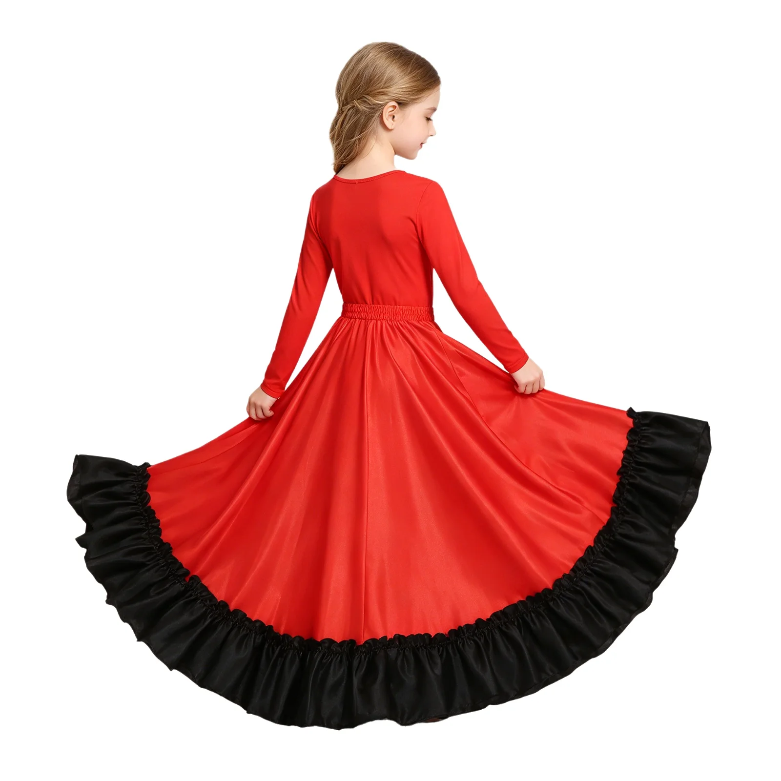 Kids Girls Gypsy Spanish Flamenco Skirt Ruffle Satin Silk Big Swing Belly Dancing Skirt April Sevilla Performances Dance Clothes