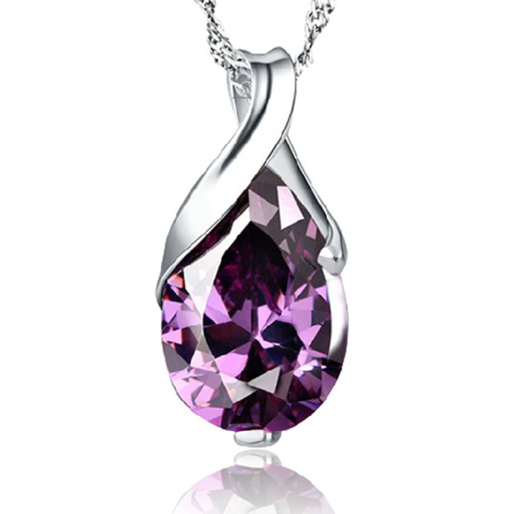 

925 Sterling Silver Fashion Purple Zircon Water Drop Angel's Tears Necklace Birthday Anniversary Party Gift