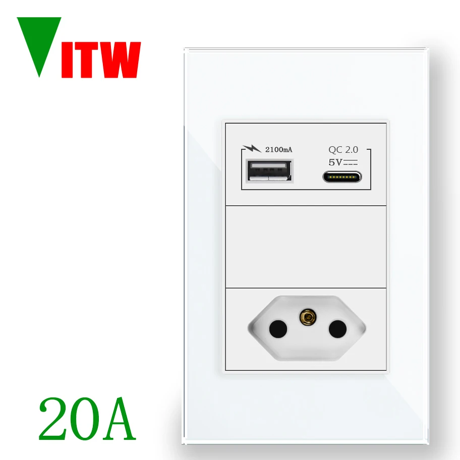 VITW USBC شحن مقبس الحائط، 5 فولت منافذ USB المكونات الكهربائية 10A المخرج، 120 مم * 72 مم لوحة زجاجية، مقبس الطاقة البرازيل القياسي 20A #1