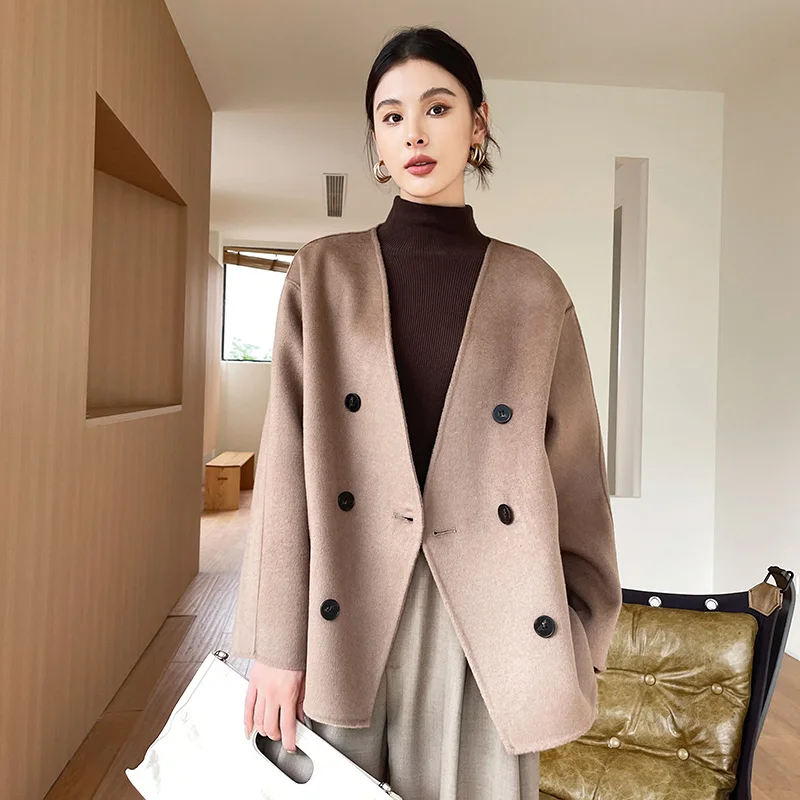 100% women\'s wool coat, double-sided, warm, high-end, loose, Korean style, short, 2024 autumn and winter new coat