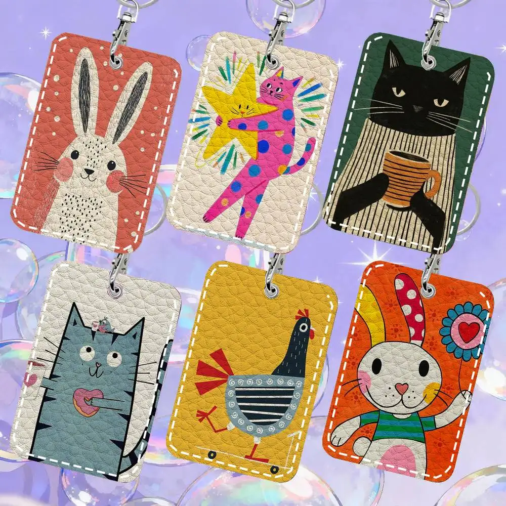 Leopard Rabbit Bear Tiger Mouse Rainbow Funny Card Case Keychain Access Card Bag Key Tag Ring Leather Card Holder Key Ring Acces