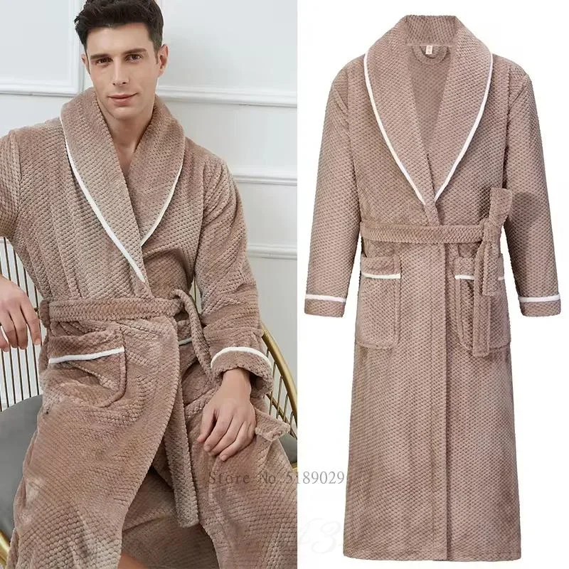 Oversize 3XL 4XL Winter Thicken Warm Sleepwear Kimono Bathrobe Gown Flannel Men Long Robe Loose Coral Fleece Homewear Loungewear