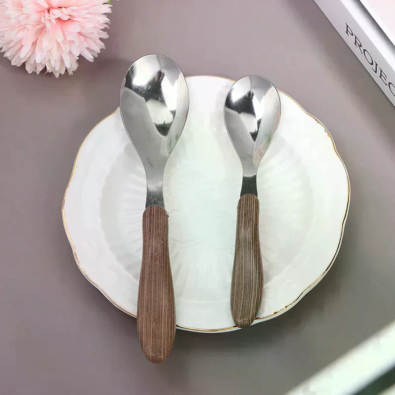 1Pc Stainless Steel Imitation Wooden Handle Cutlery Western Tableware Dessert Soup Spoon Western Restaurant Bar Tableware - Detail 1