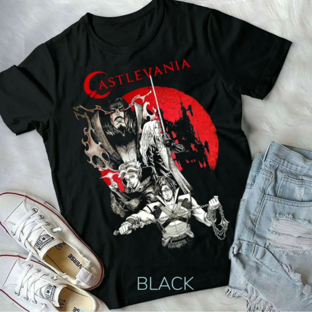 Castlevania Anime Horror Symphony of The Night Graphic T-shirt Black Short-sleeved Crew Neck for Summer Unisex All-Season