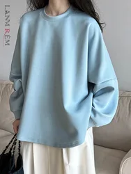 [LANMREM] Minimalismus Casual Lose Sweatshirt Für Frauen Rundhals Langarm Koreanischen Stil Top Mode 2025, Herbst Neue 26D9910