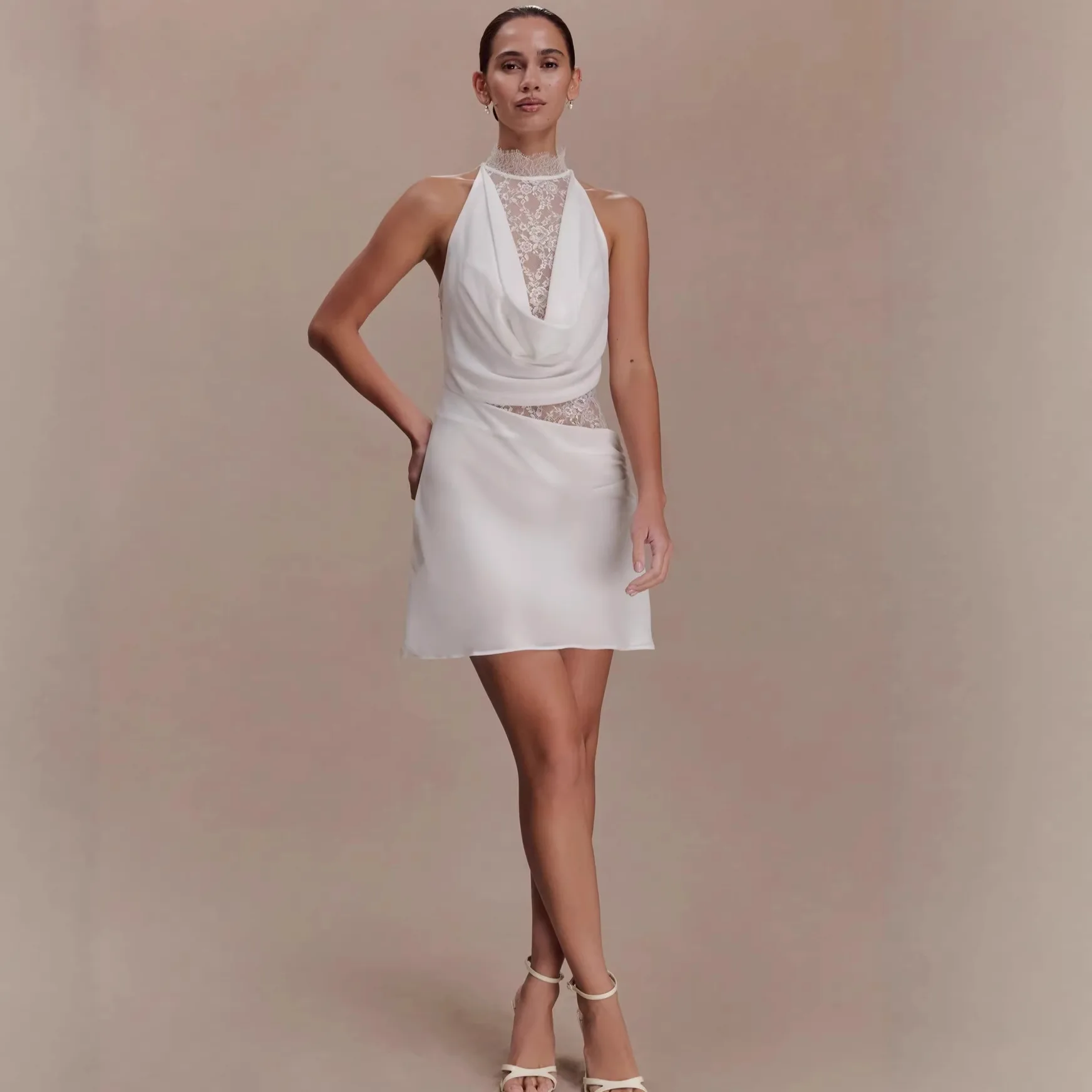 

White Lace Short Mini Prom Dress Sexy Sleeveless High Neck Sheath Party Gown Casual Formal Wedding Guest Birthday Evening Robe