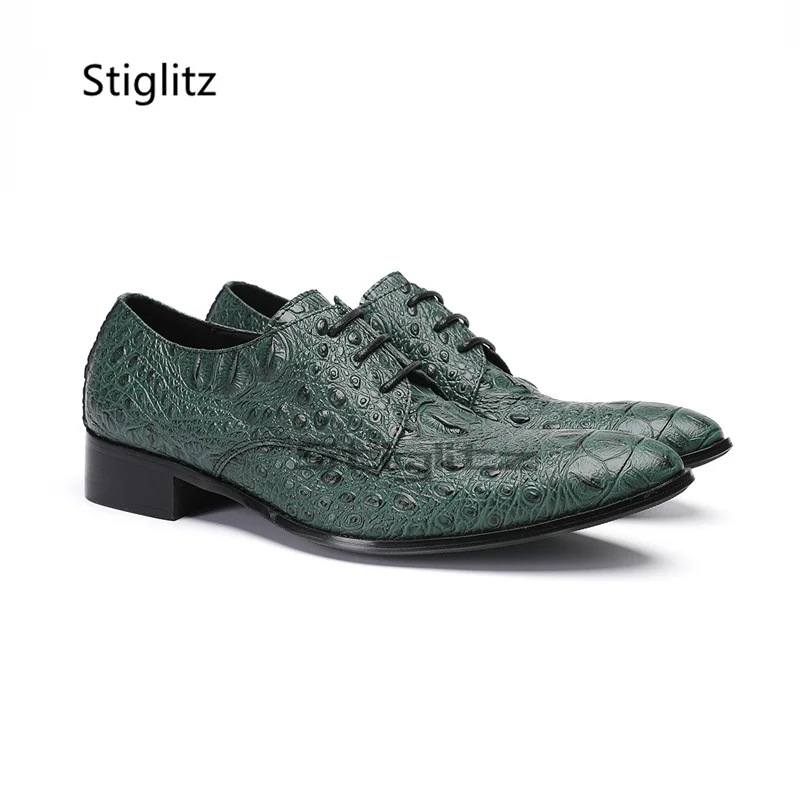 

Alligator Leather Men's Casual Business Shoes Pointed Toe Lace-Up Derby Shoes Green Blue Handmade Genuine Leather Dress Shoes