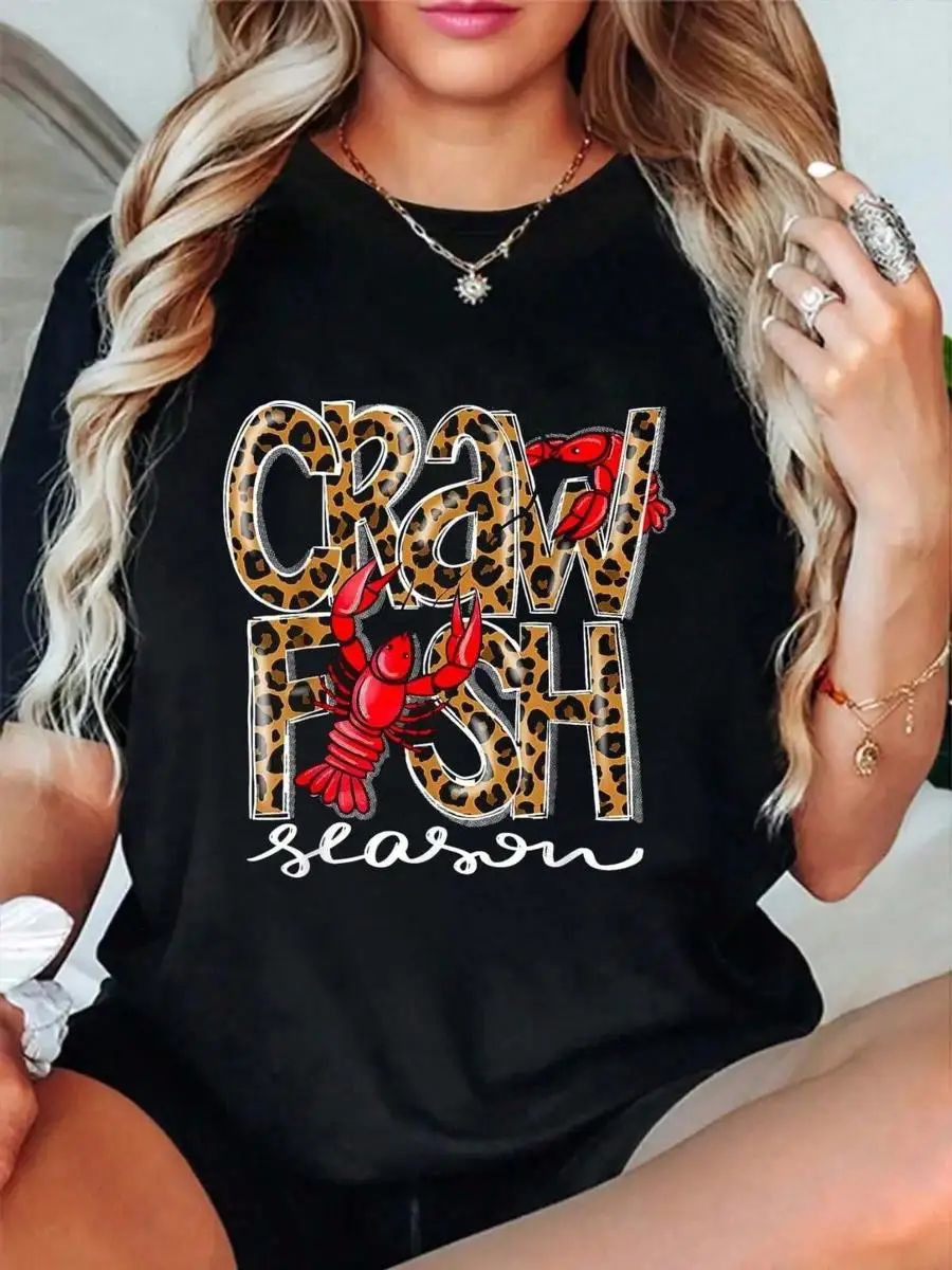 Cotton Crawfish Season Leopard Funny Crawfish Boil Lobster Cajun T-Shirt