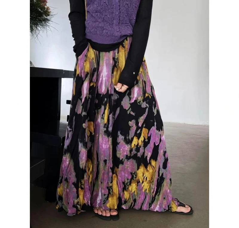 Falda larga plisada avanzada con franjas de carne Retro, falda larga estampada adelgazante de nueva moda