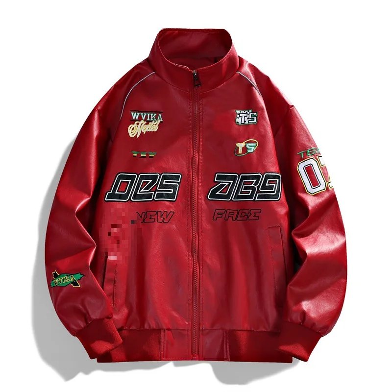 

Motorcycle Leather Jackets Man Letter Embroidery Leather Coat Patchwork Fashion Streetwear American Motor Jacket Red White Black