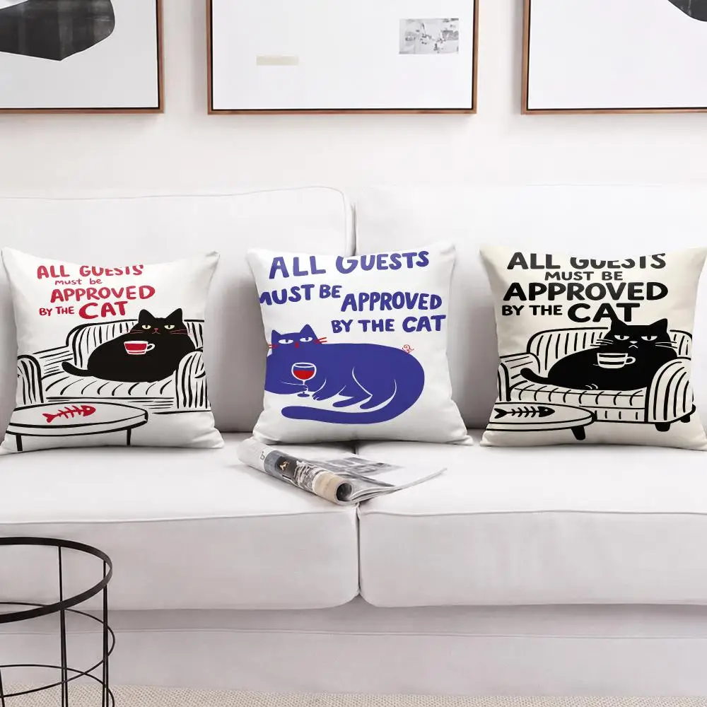 Funny Cat Guest Approval Cushion Cover Plush Fabric Soft Double-Sided Printed Sofa Warm Winter Home Gift Pillow Cover