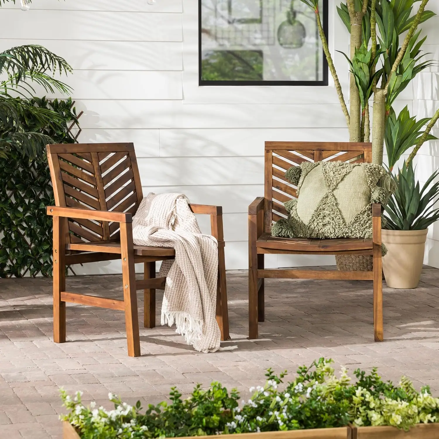 Walker Edison 2 Piece Outdoor Patio Chevron Wood Chair Set All Weather Backyard Conversation Garden Poolside Balcony, Set of 2