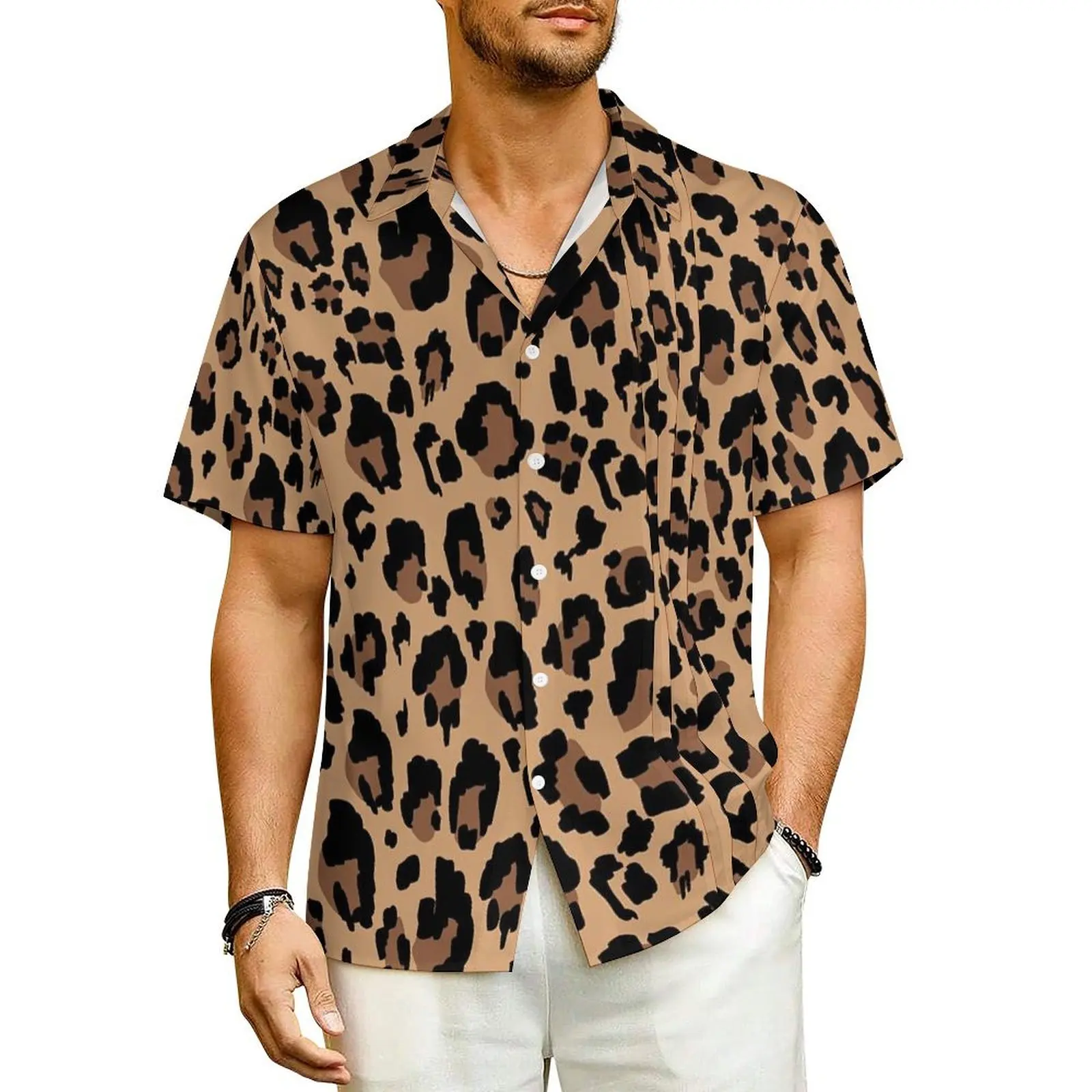 

Retro Leopard Vacation Shirt Mens Jungle Animal Print Classic Casual Shirts Summer Short Sleeve Fashion Oversized Blouses Gift